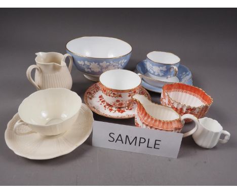 Three Wedgwood Satsuma colour palette cups and saucers, various Spode cups and saucers, two Dresden cabinet cups and saucers,