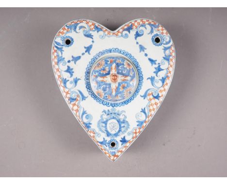 A 19th century heart-shaped polychrome decorated Delftware inkwell, 8" wide 