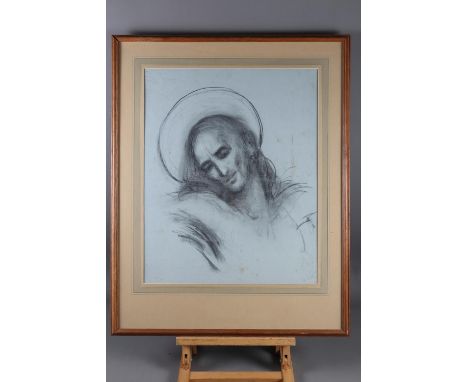 A charcoal sketch, bust of Christ, 22" x 18", in wash lined mount and strip frame 