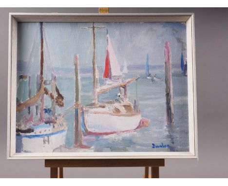 Dunlop: oil on canvas, harbour scene with sailing boats, 13" x 17", in strip frame