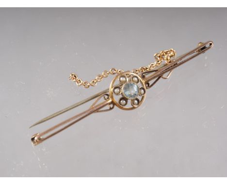 A yellow metal, seed pearl and aqua coloured bar brooch, a 9ct gold and opal bar brooch and two gold mounted stick pins 