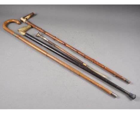 A blackthorn walking stick, a 19th century combination umbrella stick, a brass horse head and walking stick, and a shoehorn 