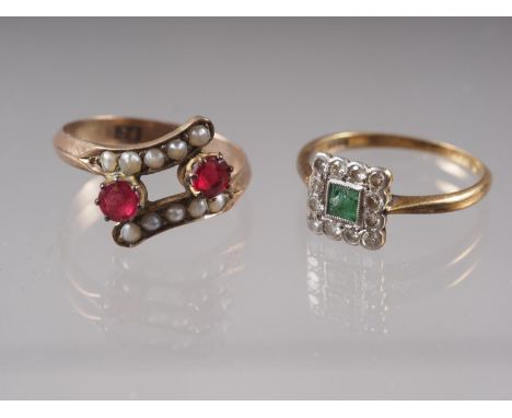 A yellow metal, diamond and emerald square-shaped cluster ring, stamped 18ct, 2g, size L, and a yellow metal garnet and seed 