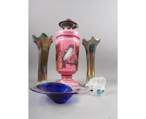 A 19th century glass oil lamp, 18" high, a pair of iridescent glass vases, an art glass bowl and a Goebel glass hippoConditio