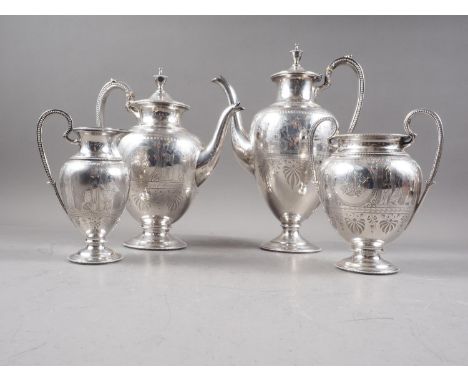 A Victorian silver four-piece tea and coffee set, comprising coffee pot, teapot, cream jug and two-handled sugar basin, all w