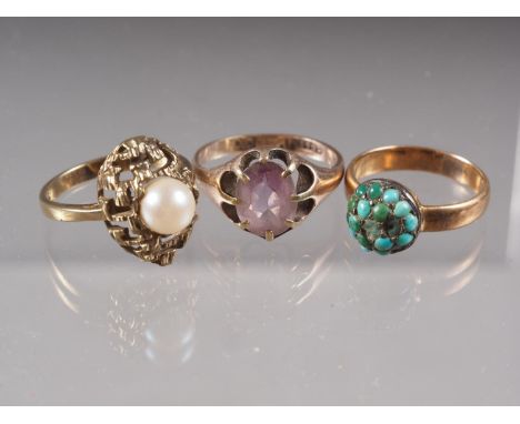 A 9ct gold dress ring, gypsy set rose quartz, size N/O, 3.2g, a yellow metal ring set pearl, size M/N, 3.3g,&nbsp; and a simi