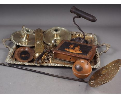 A brass two-handled tray with engraved decoration, 21 3/4" wide, a Mauchline ware spherical box and cover, a Middle Eastern p