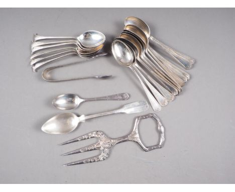 A set of six Arundel pattern silver coffee spoons, twelve bright cut silver coffee spoons, a pair of matching tongs, two othe