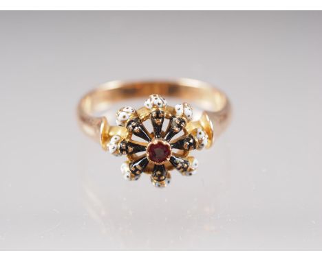 A 19th century yellow metal ring with black and white enamelled ruby set cluster, size M, 3.1g 