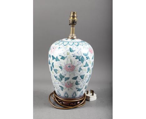 A Chinese porcelain scroll decorated vase, now converted to a table lamp, 15" high