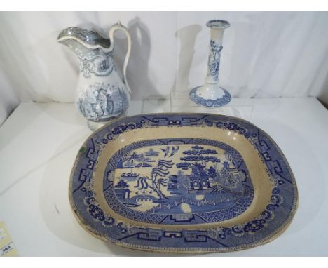 A large Victorian blue and white meat platter approximately 55 cm x 45 cm, Sydenham ironstone jug and ceramic candle stick [3