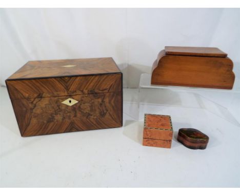 A small wooden chest walnut veneer with fitted interior approximately 14 cm x 24 cm x 17 cm, a further wooden storage box, pa