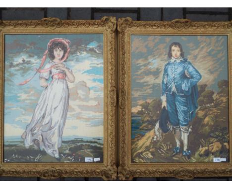 Two framed tapestries the first depicting a young gentleman in period dress the other a young lady in period dress, image siz