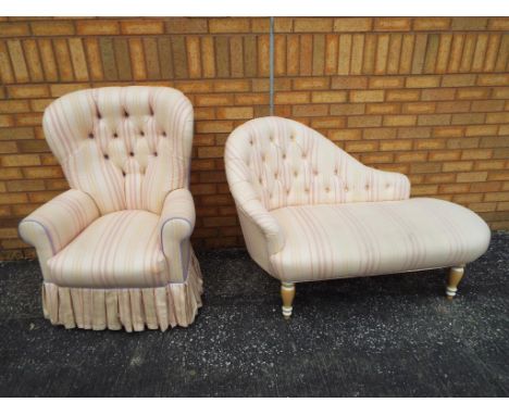 An upholstered chaise longue, approximately 86 cm x 140 cm x 78 cm, with a matching upholstered button back chair. (2)