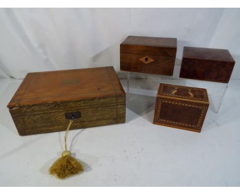 A lot to include a small writing slope with fitted interior, glass inkwell, velvet covered writing service approximately 9.5 