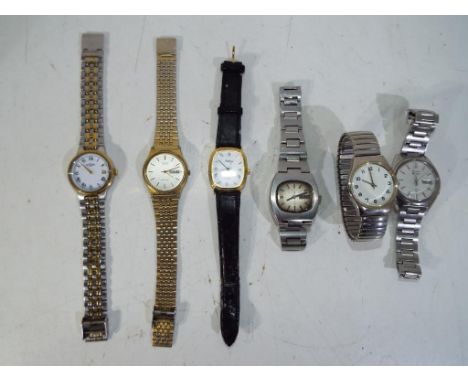 Six wrist watches to include a Rotary stainless steel cased 21 jewel automatic wrist watch, Baton markers and day date apertu