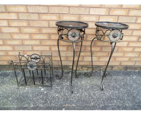 Two wrought iron lamp tables approx 71cm (h) and a matching magazine rack [3]