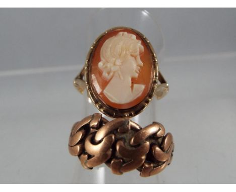 A hallmarked 9 carat gold cameo ring, size L and a 9 carat rose gold ring AF, approximate weight 5.79 g (all in) Est £50 - £6