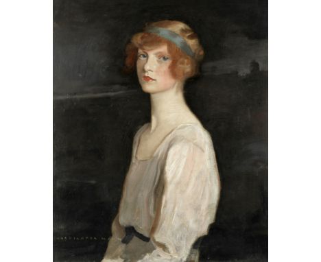 Harrington Mann (British, 1864-1937)Portrait of a lady with a blue headbandsigned 'HARRINGTON MANN' (lower left) oil on canva