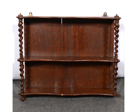 Victorian oak wall shelves, three tiers with serpentine outlines, barley-twist uprights, 51 x 62cm; and another walll shelf (