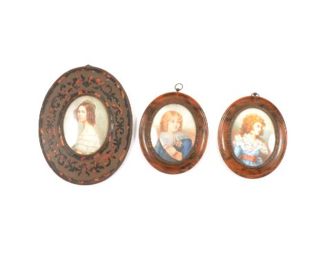 Oval portrait miniature,Miss Hillmayer,oval in a contre parte Boulle frame,overall 17x13cm,and two other portrait miniatures,