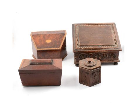 Continental oak and mixed wood slope-front box, width 30cm; yew and marquetry slope front stationary box; Victorian sarcophag