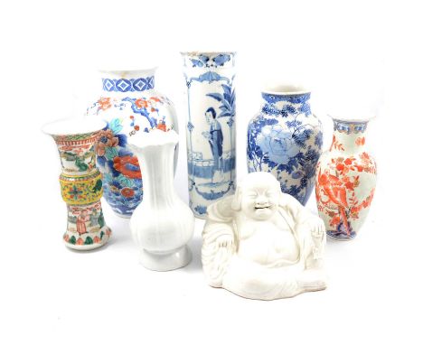 Fugian inspired model of Hoti, seated, 16cm; and six oriental vases, some damage.