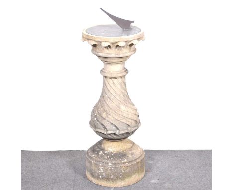 Cast concrete sundial, engraved copper plate, diameter 33cm, height 96cm.