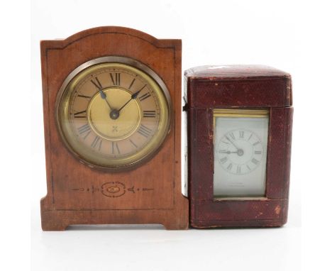 Brass carriage clock, enamelled dial signed Hunt &amp; Roskell, French movement striking on a gong, 13cm, with leather travel