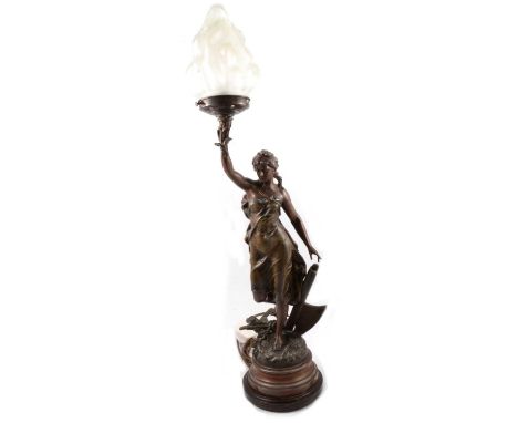 French spelter table lamp, modelled as Victory after Charles Levy, frosted glass shade, overall height 77cm.