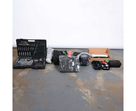 Various car tools and accessories including a socket set and a starter kit.