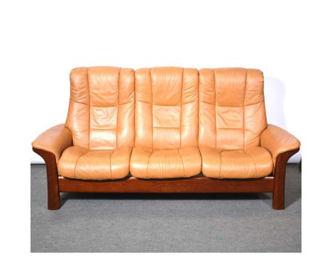 Stressless three seat sofa, reclining seats, beech frame, tan leather upholstery, widrth 207cm, height 102cm.