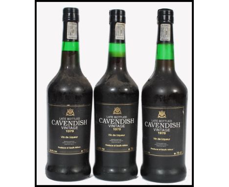 A collection of 3 bottles of vintage 1979 Cavendish South African Vin De Liqueur 18.5% Vol / 79cl. With seals and import labe