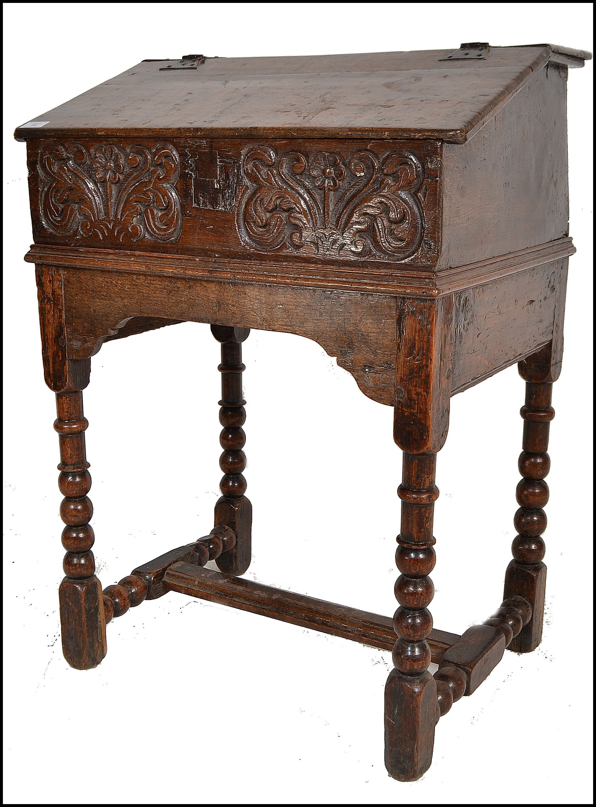 A 17th Century Jacobean Oak Clerks Desk Bible Box On Stand The