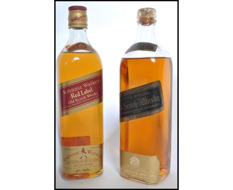 A vintage mid century, circa 1960's bottle of Johnnie Walker Black Label Extra Special Old Scotch Whisky 70% proof. Together 