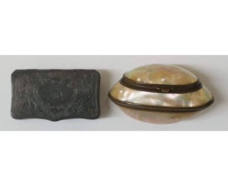 A mother of pearl purse with beaded brass mounts, 7cm wide; a white metal snuff box, the hinged lid with cartouche cast with 