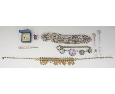 A small quantity of jewellery including: brass necklace, steel curb link chain, abalone bracelet, propelling pencil, gem set 