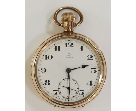 An Omega gold plated pocket watch, top wind, the white enamel face with subsidiary seconds dial, Arabic numerals, inscribed O