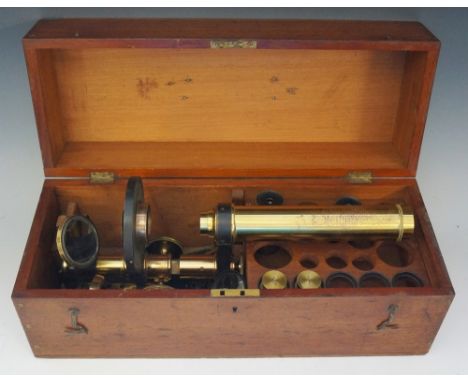 R & J Beck - a black lacquered and lacquered brass folding base monocular microscope, the base inscribed R & J Beck and numbe