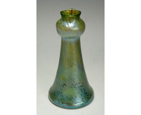 A rare Art Nouveau Loetz Blue Papillon iridescent candlestick, designed as a spreading cylindrical vase with bulbous top, 12.