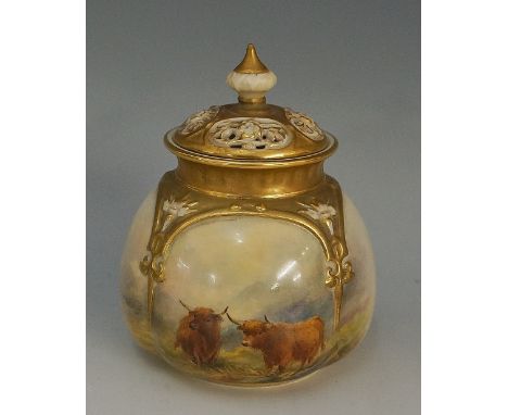 A Royal Worcester panelled sack shaped vase and cover, the slightly domed lid with gilt and ivory finial, the body painted wi