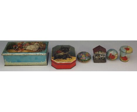 A German tinplate house money box, transfer printed and embossed with horses, cart, hay loft and children playing in a cart, 