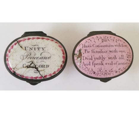 A late 18th / early 19th Century Staffordshire enamel patch box, the oval top inscribed Unity, Peace & Concord, pink body, 4c