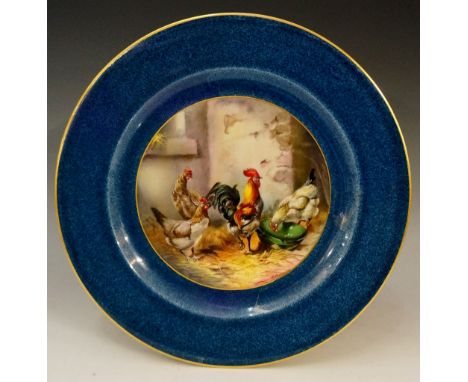 A Royal Worcester circular cabinet plate, painted to the centre with chickens and cockerel by E.Townsend, powder blue ground 