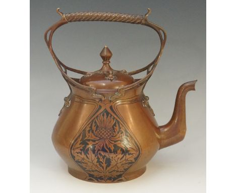 Carl Deffner (1856 - 1948) - An Art Nouveau copper kettle, pierced sinuous handle with cable moulded grip, the domed cover wi
