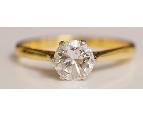 A ladies 18ct yellow gold solitaire diamond ring the claw set old cut brilliant approx. 0.78 carat, ring size O/P, boxed