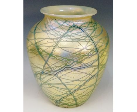 A large Loetz? glass vase, the light green/gold iridescent body with further irregular darker green applied detailing, unsign