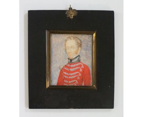 A 19th Century portrait miniature, half length of a military gentleman wearing red jacket with single epaulet, watercolour, 8