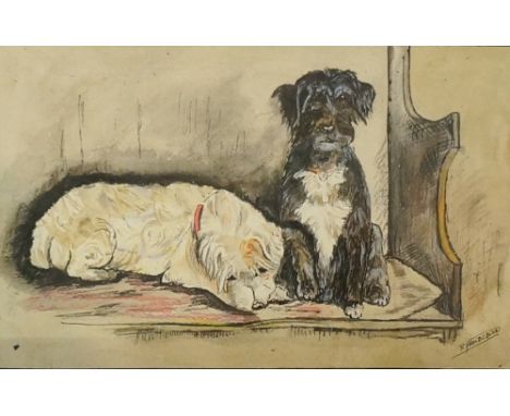 R. Froidebise - a pair, two dogs on leads and two dogs seated on a bench, watercolours, crayon and ink, signed lower right in