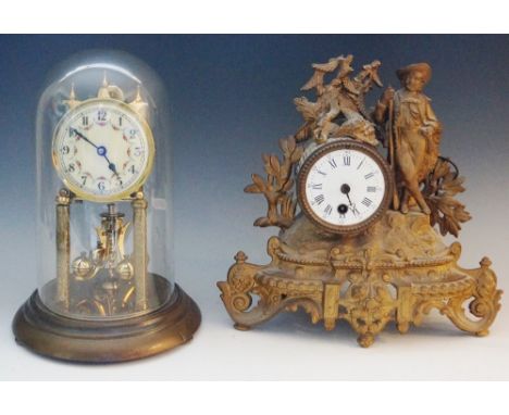 A late 19th Century gilt white metal mantel clock, the drum shaped case with white enamel dial and Roman and Arabic numerals 